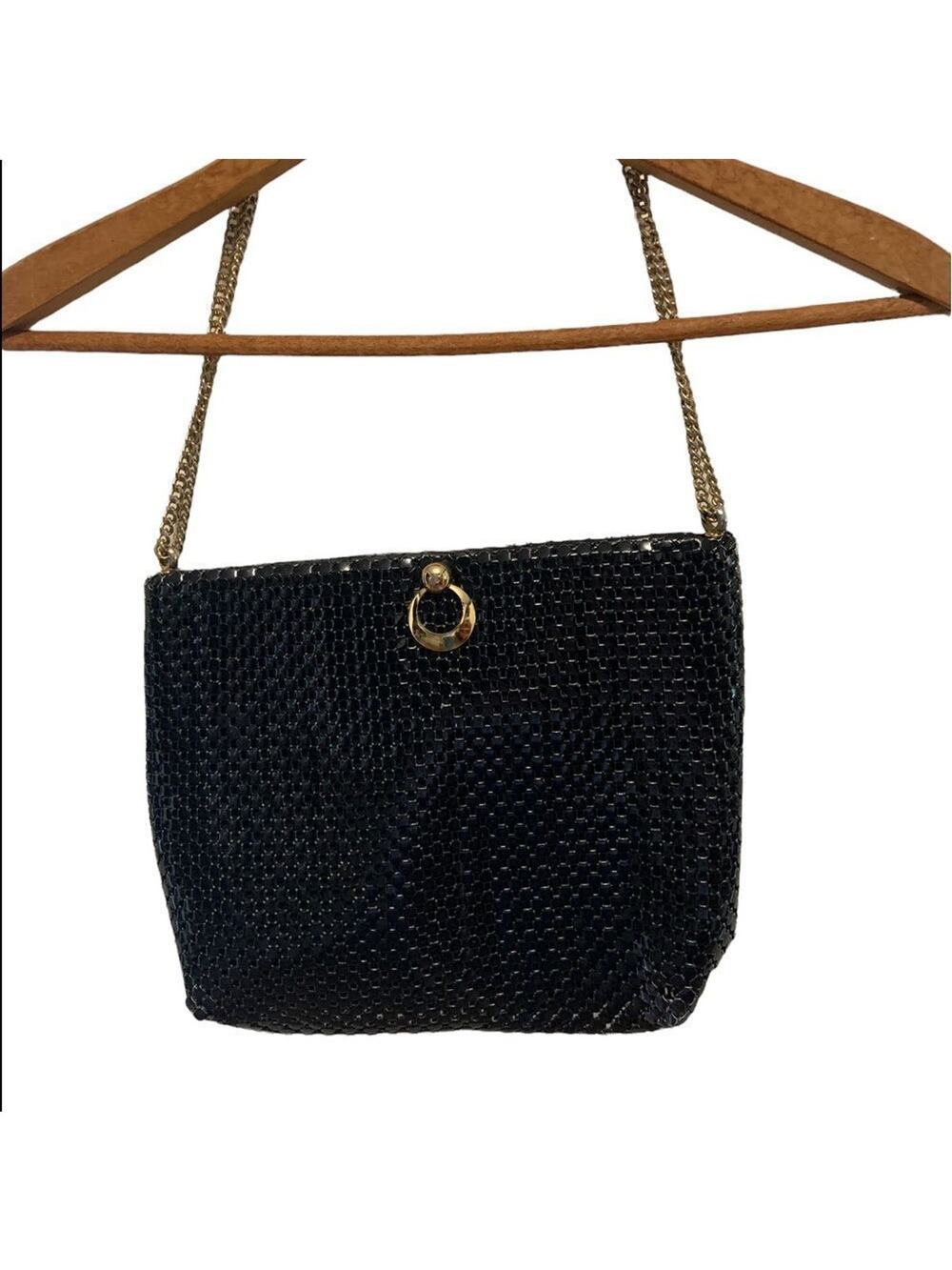 Vintage 80s purse black metal mesh whiting & Davis handbag w gold accents strap